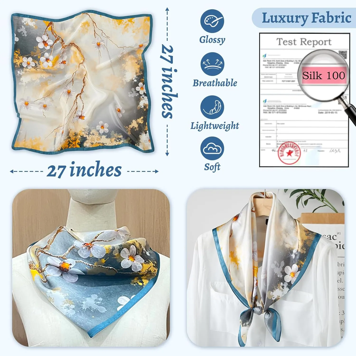 100% Mulberry Silk Square Scarf 27''x27'' Neck Scarf Hair Scarf Headscarf Bandanas for Women