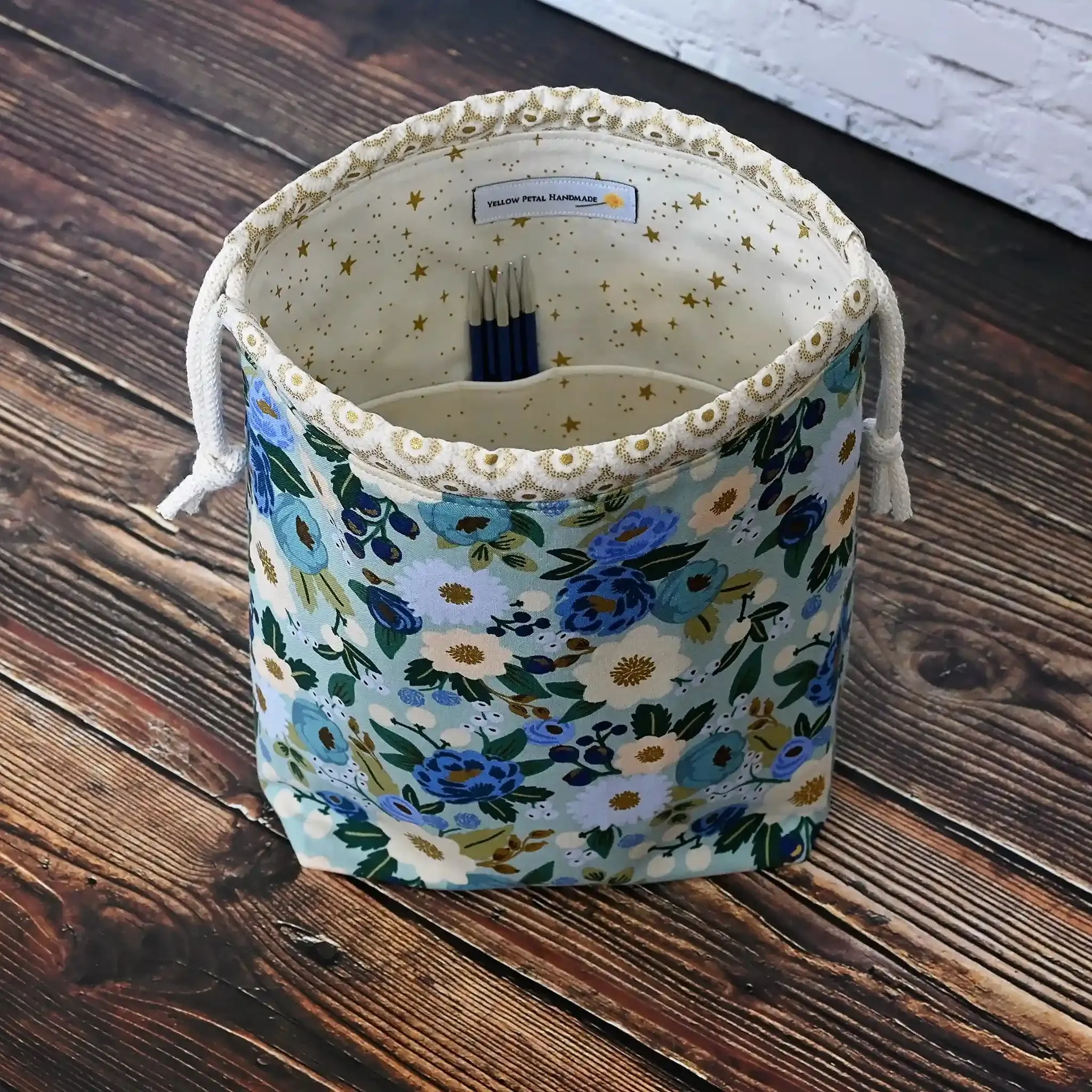 Aqua Floral Drawstring Project Bag in Rifle Paper Co's Antique Garden