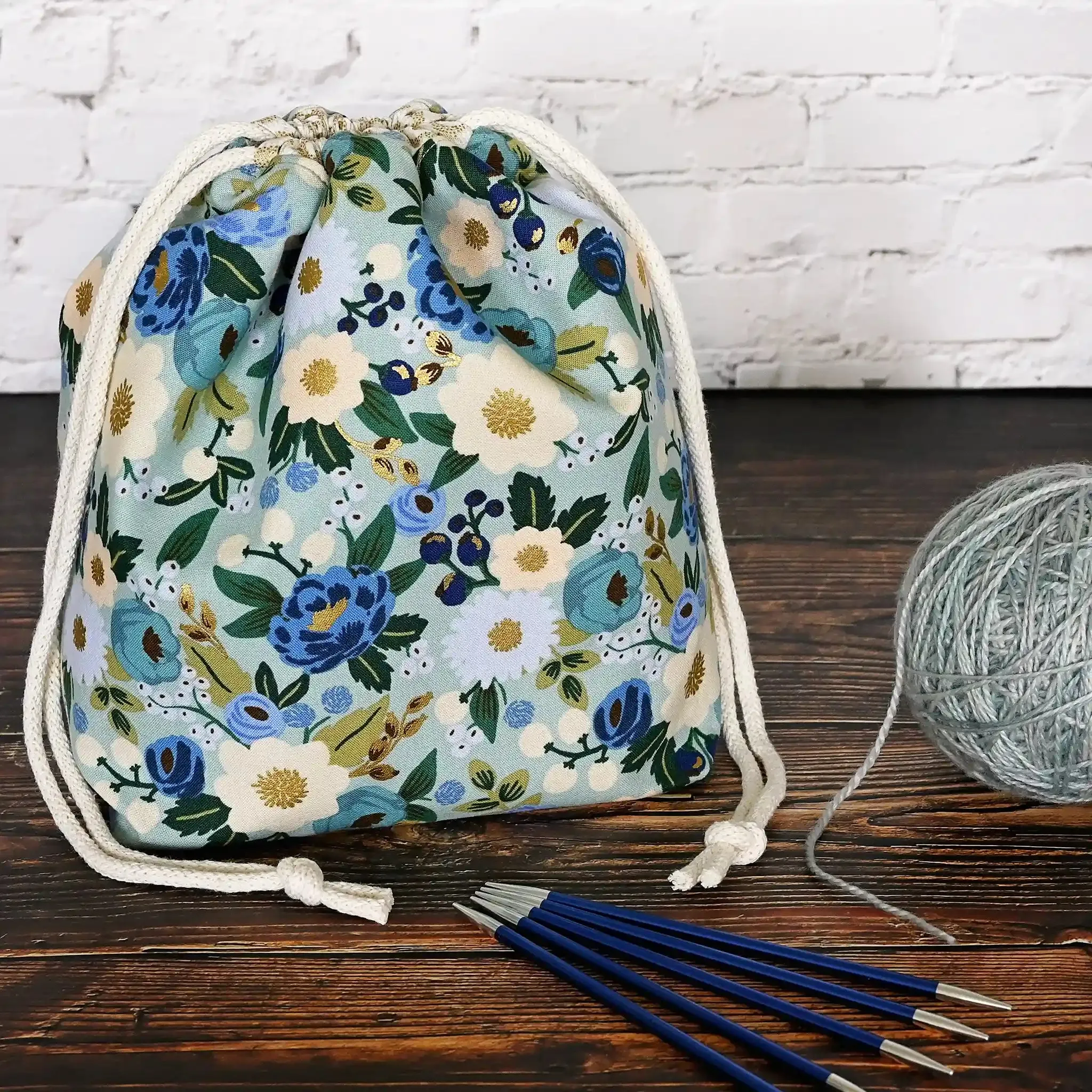 Aqua Floral Drawstring Project Bag in Rifle Paper Co's Antique Garden