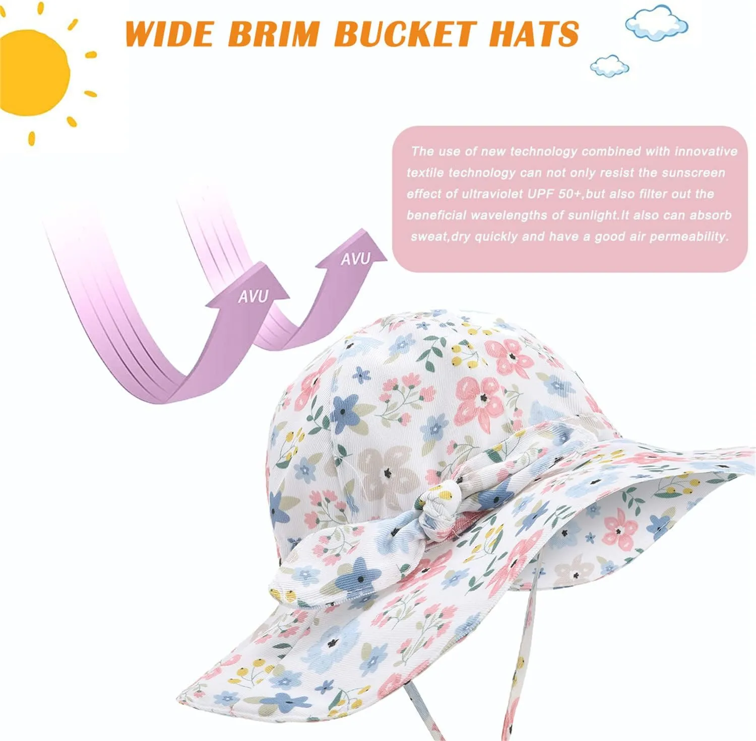 Baby Girl Sun Hat Summer Beach Hats with UPF 50  Toddler Infant with Wide Brim Strap Outdoor Bucket Hat