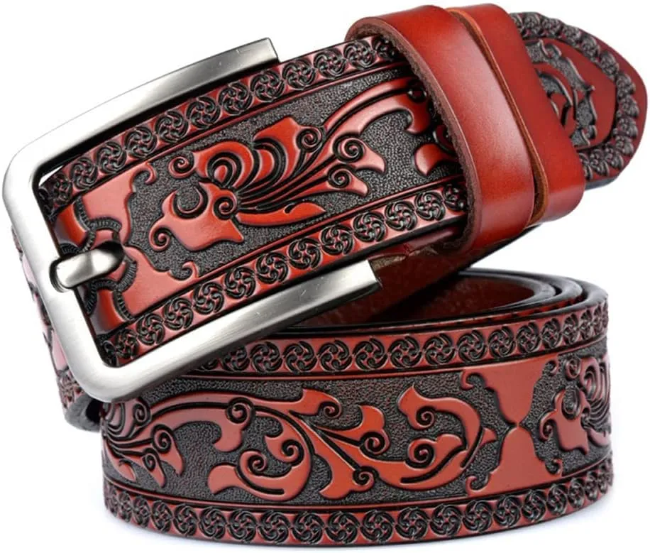 Belts for Men Vintage Genuine Leather Fashion Classic Casual Carved Flowers Jeans Men Belts Pin Buckle Strap