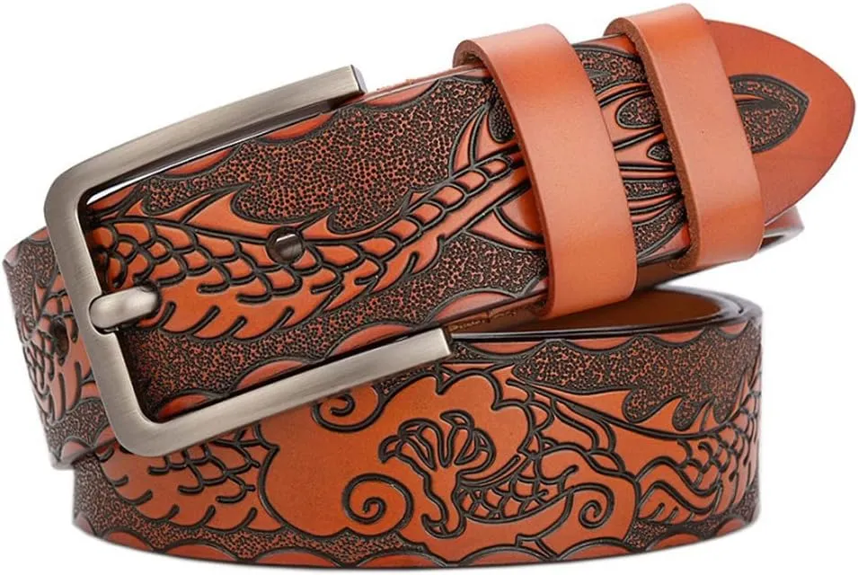 Belts for Men Vintage Genuine Leather Fashion Classic Casual Carved Flowers Jeans Men Belts Pin Buckle Strap
