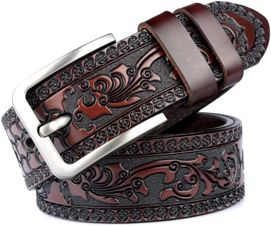 Belts for Men Vintage Genuine Leather Fashion Classic Casual Carved Flowers Jeans Men Belts Pin Buckle Strap