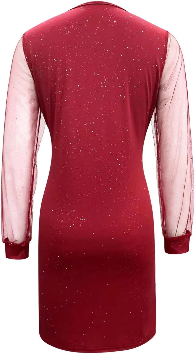 Cocktail Dresses for Women,2024 Summer Elegant Sexy Bodycon V Neck Club Party Dress,Trendy Mesh Long Sleeve Mini Dress