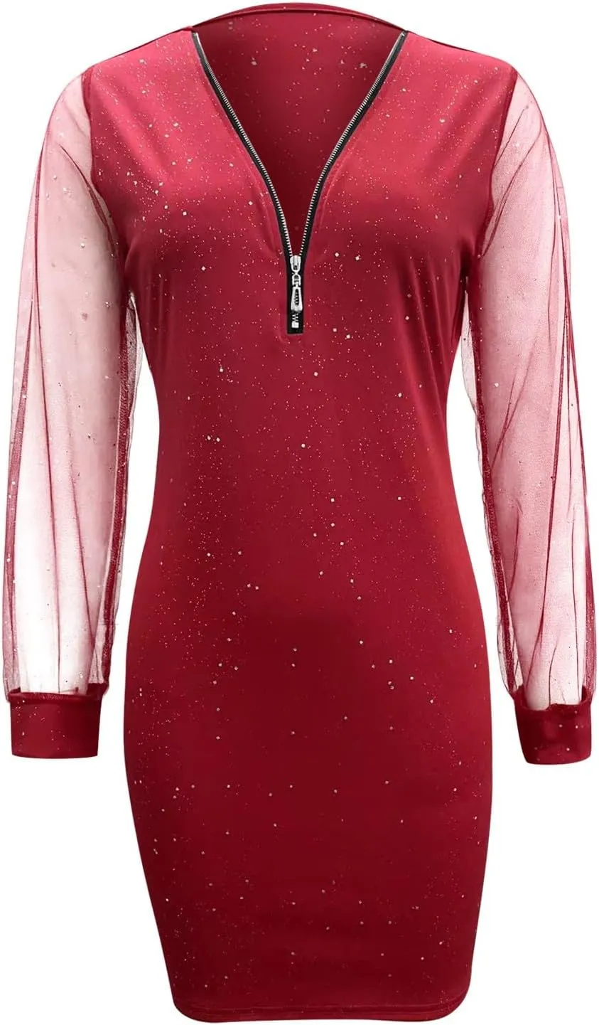 Cocktail Dresses for Women,2024 Summer Elegant Sexy Bodycon V Neck Club Party Dress,Trendy Mesh Long Sleeve Mini Dress