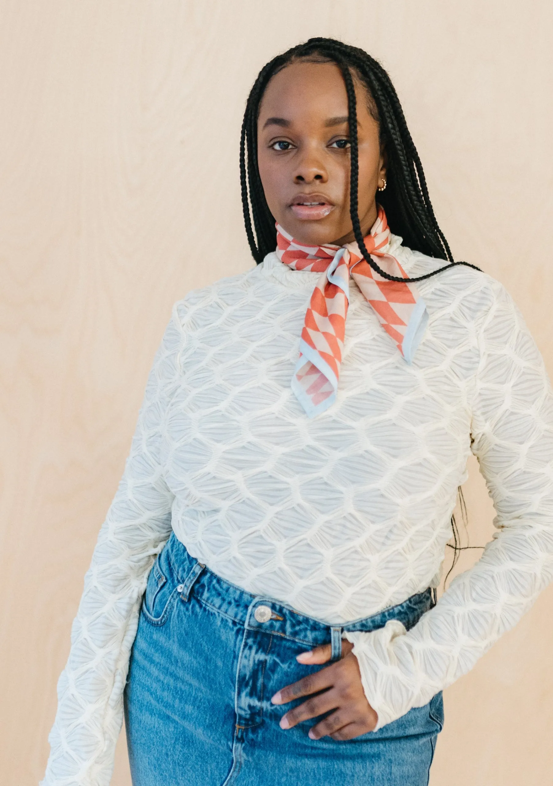 Cotton Square Scarf in Apricot Checkerboard