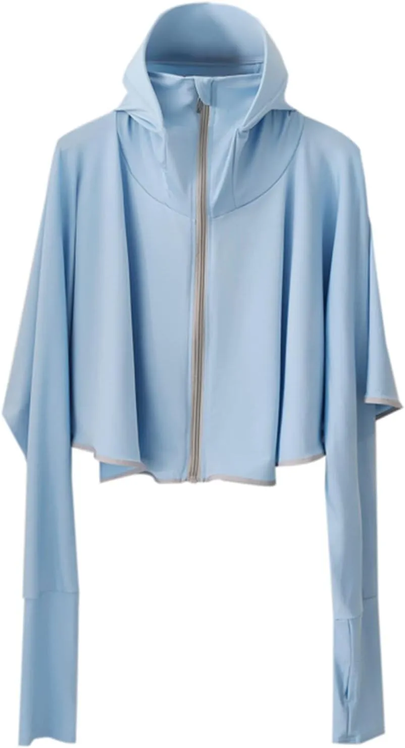 Hooded Sunscreen Jacket Ice Silk Protection Long Sleeve Lightweight Breathable Summer Riding Jacket for Women Blue 43CM