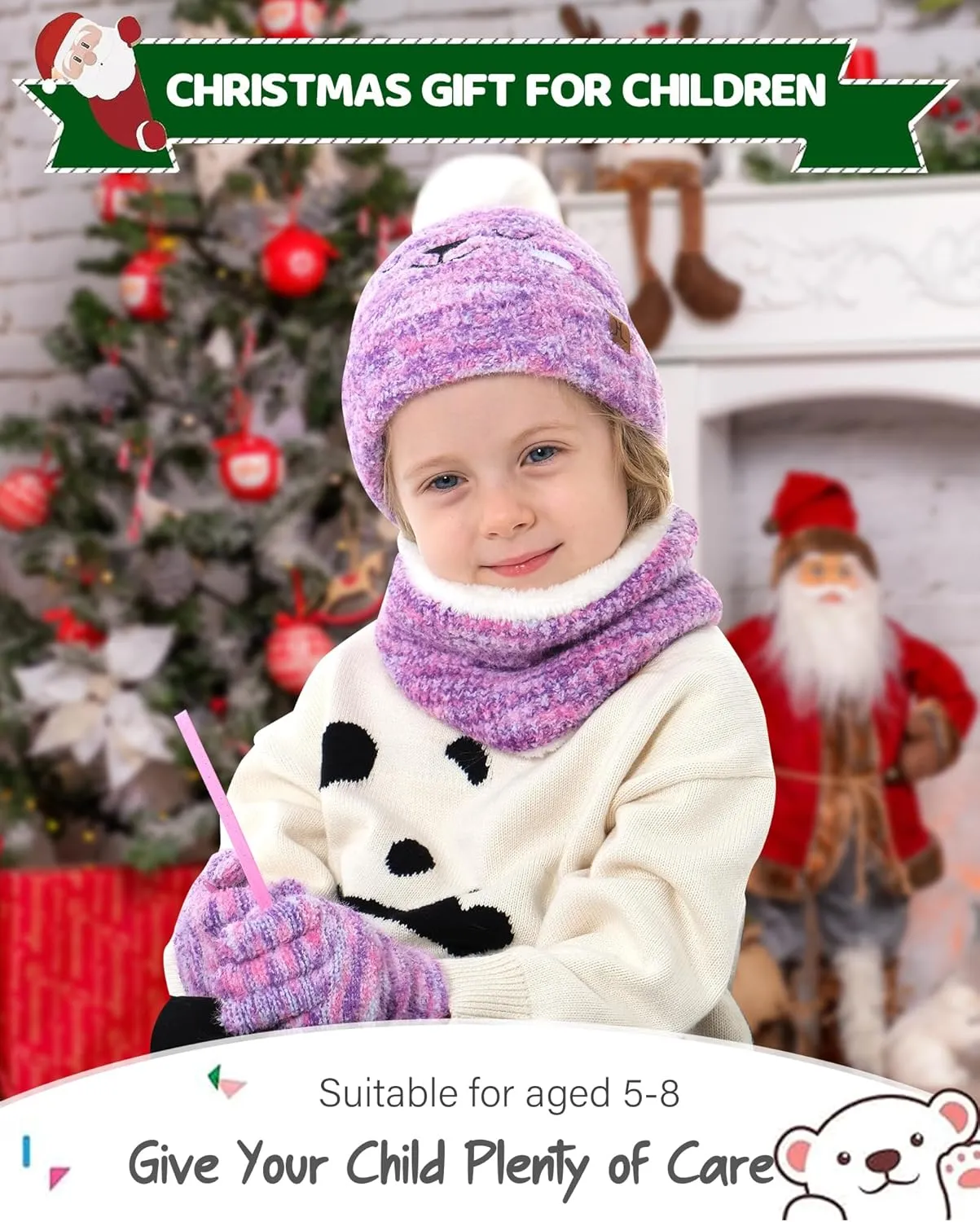 Kids Toddlers Winter Beanie Hats Gloves Neck Scarf Warm Knit Set Gifts for 0 6 12 Months 1 2 3 4-8 Year Old Baby Boys Girls