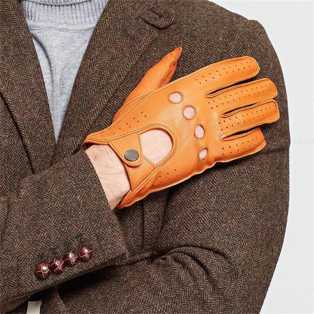 Men's Genuine Leather Glove Men Real Sheeskin Brown Thin Driving Riding Glove Black XL