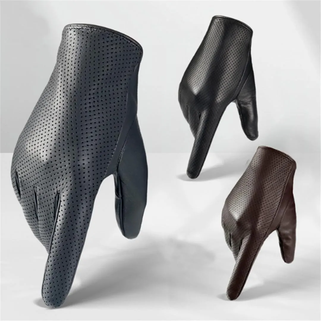 Men's Genuine Leather Gloves Sheepskin Driving Riding Gloves Hollow Breathable Thin Mitten