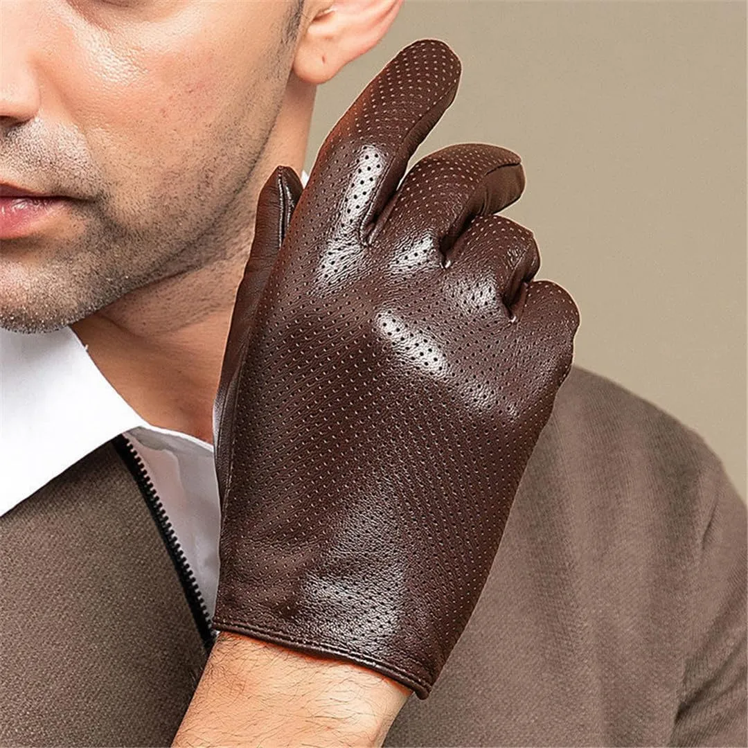 Men's Genuine Leather Gloves Sheepskin Driving Riding Gloves Hollow Breathable Thin Mitten