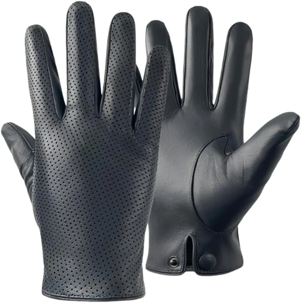 Men's Genuine Leather Gloves Sheepskin Driving Riding Gloves Hollow Breathable Thin Mitten