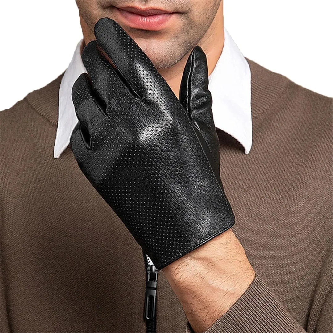 Men's Genuine Leather Gloves Sheepskin Driving Riding Gloves Hollow Breathable Thin Mitten