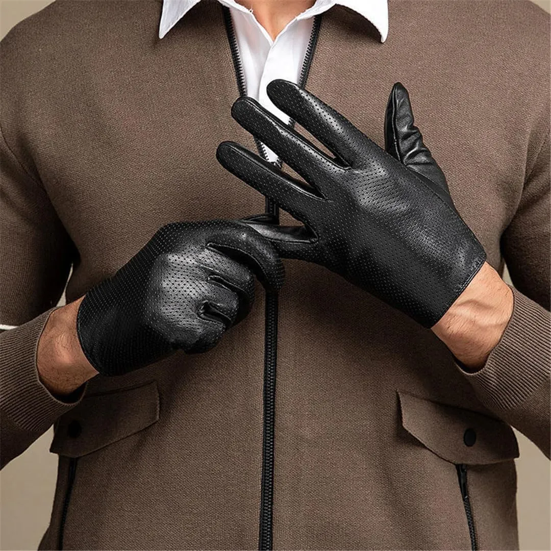 Men's Genuine Leather Gloves Sheepskin Driving Riding Gloves Hollow Breathable Thin Mitten