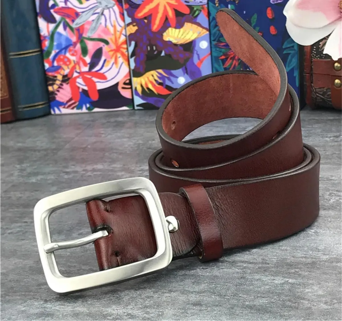 Mens Stainless Steel Buckle Belts Luxury Thick Genuine Leather Belts Men Leather Waist Belt