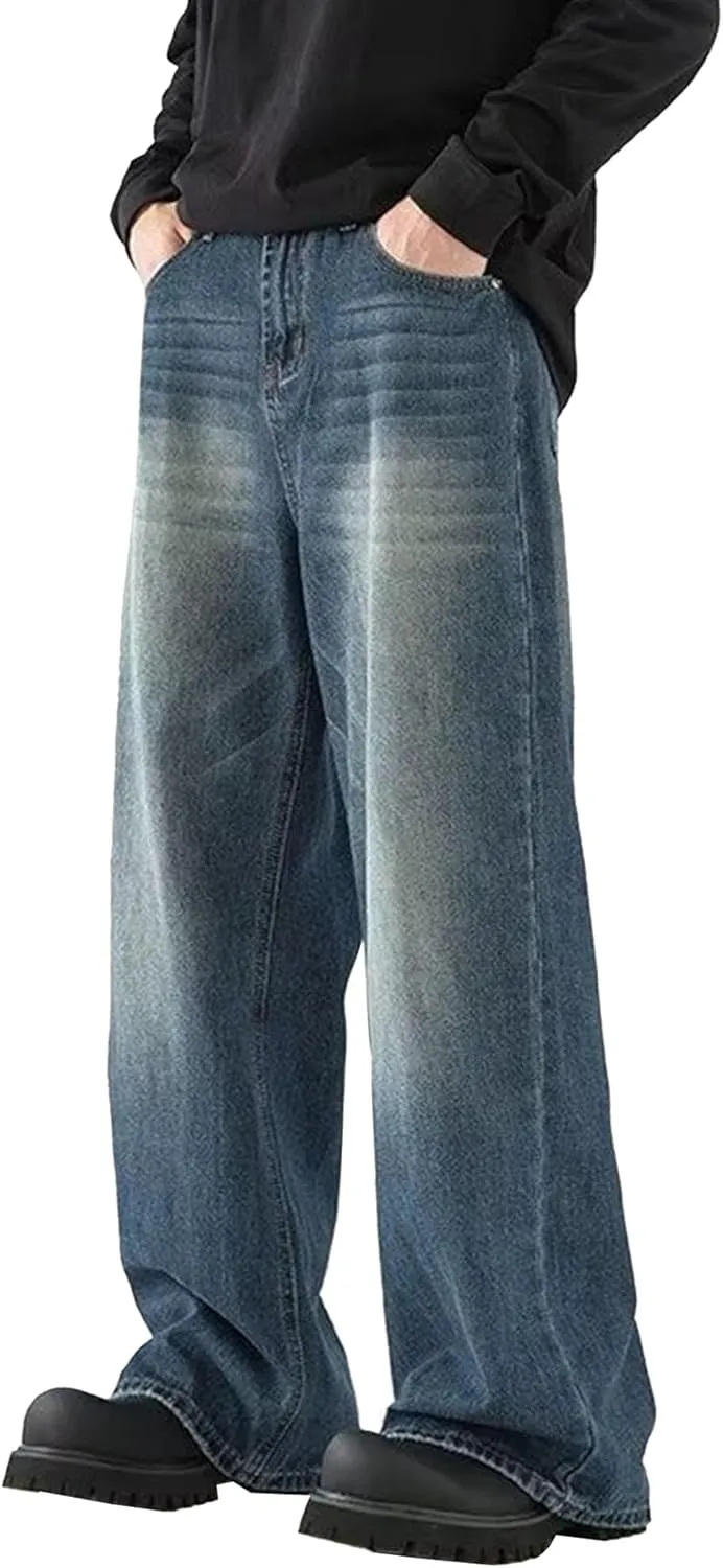 Men's Straight Leg Jeans Distressed Patchwork Denim Pants Stretchy Comfortable Fit