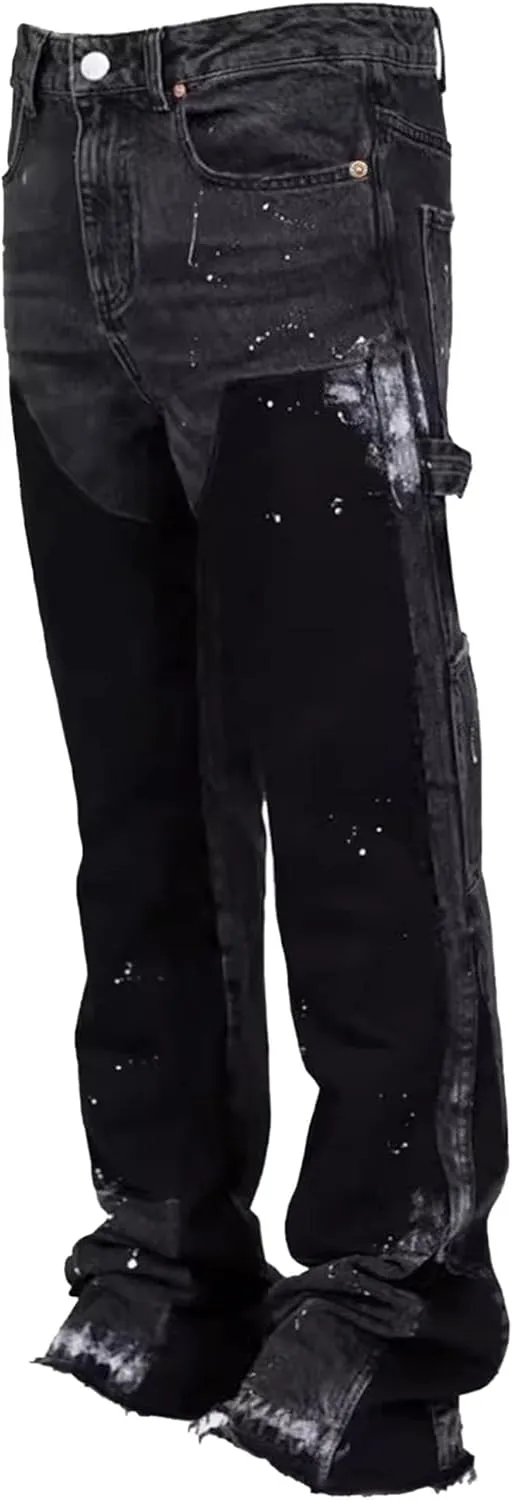 Men's Straight Leg Jeans Distressed Patchwork Denim Pants Stretchy Comfortable Fit