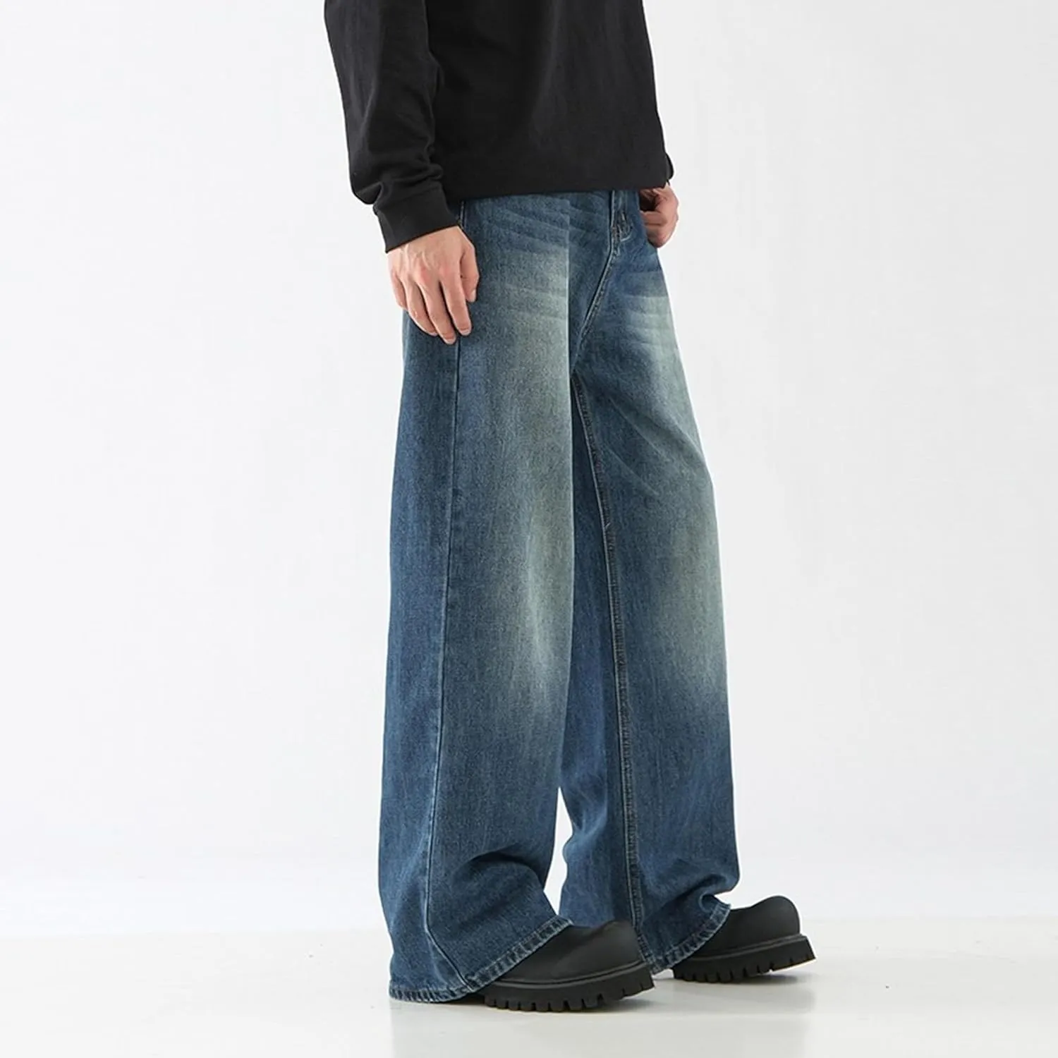 Men's Straight Leg Jeans Distressed Patchwork Denim Pants Stretchy Comfortable Fit