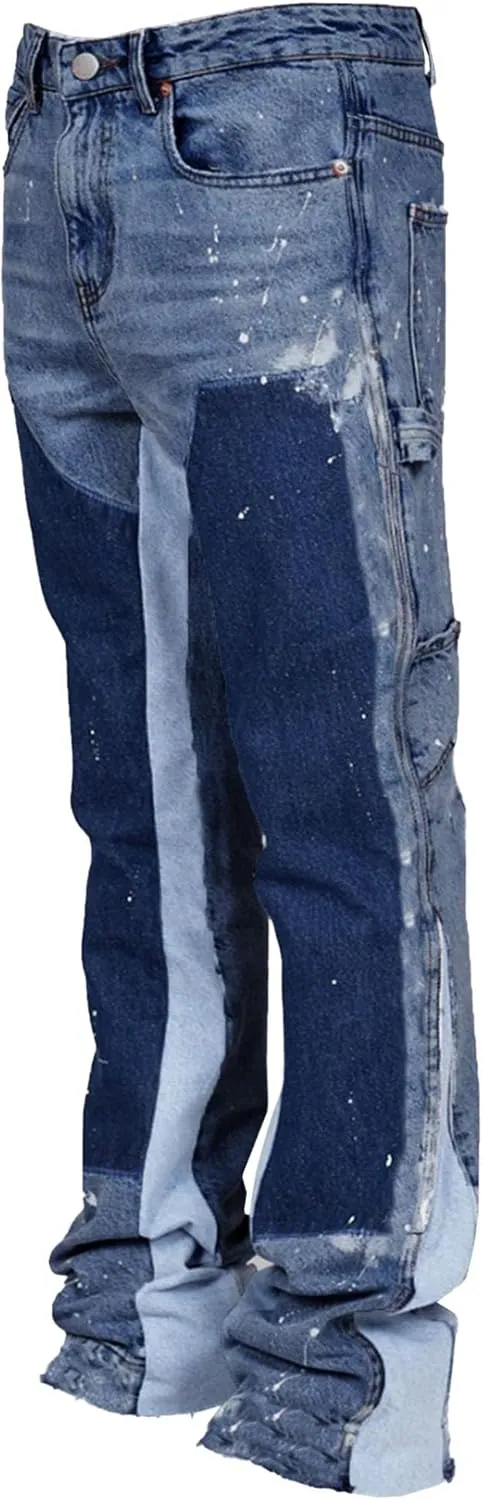 Men's Straight Leg Jeans Distressed Patchwork Denim Pants Stretchy Comfortable Fit