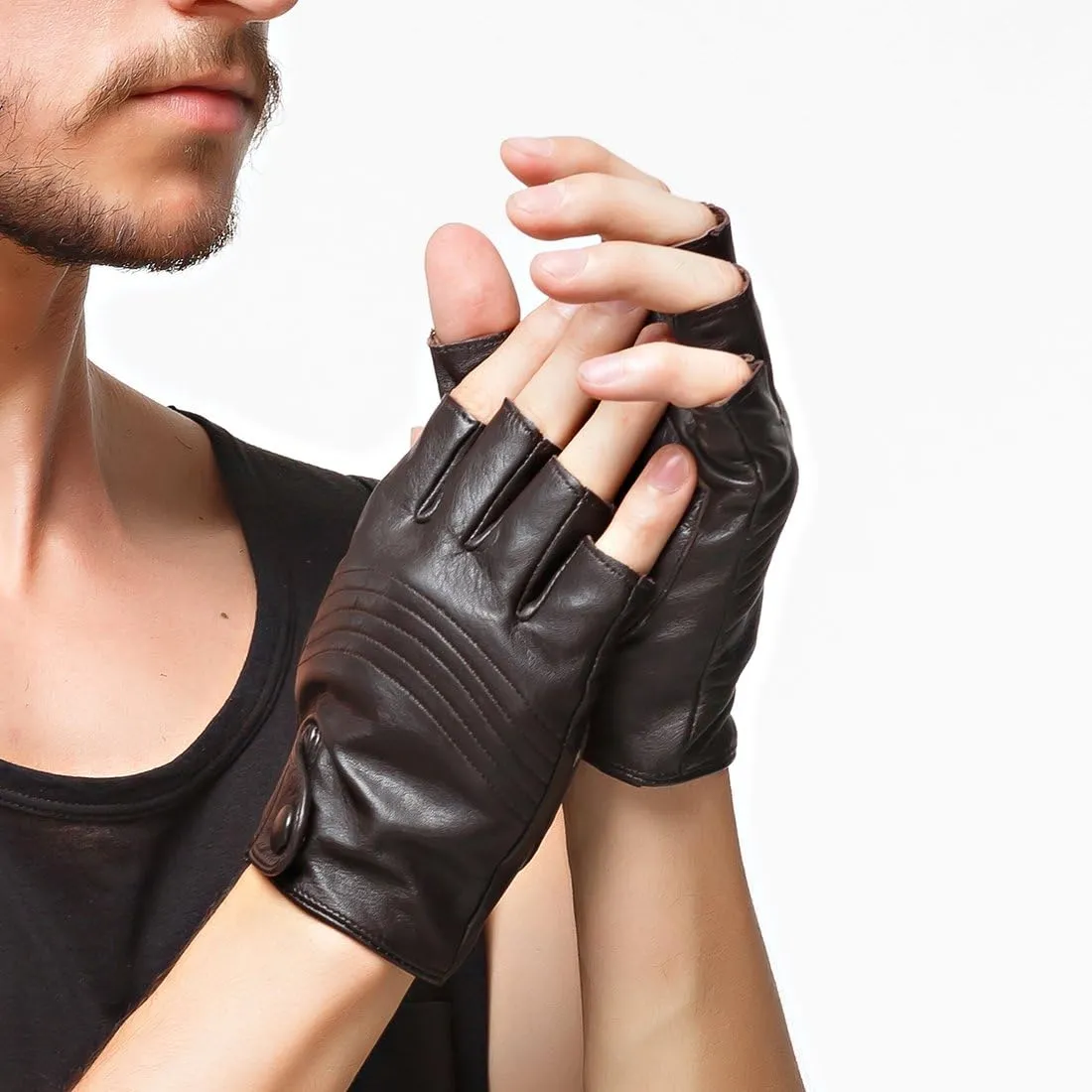 Nappaglo Men's Fingerless Leather Gloves Italian Lambskin Half Finger Driving Cycling Riding Outdoor Thin Gloves