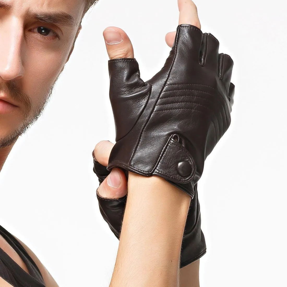 Nappaglo Men's Fingerless Leather Gloves Italian Lambskin Half Finger Driving Cycling Riding Outdoor Thin Gloves