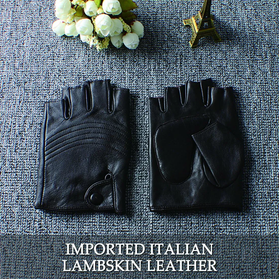 Nappaglo Men's Fingerless Leather Gloves Italian Lambskin Half Finger Driving Cycling Riding Outdoor Thin Gloves