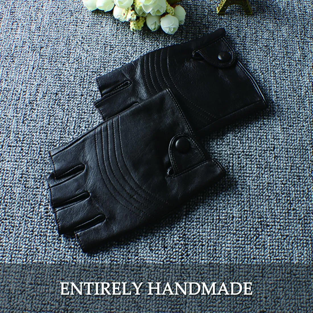 Nappaglo Men's Fingerless Leather Gloves Italian Lambskin Half Finger Driving Cycling Riding Outdoor Thin Gloves