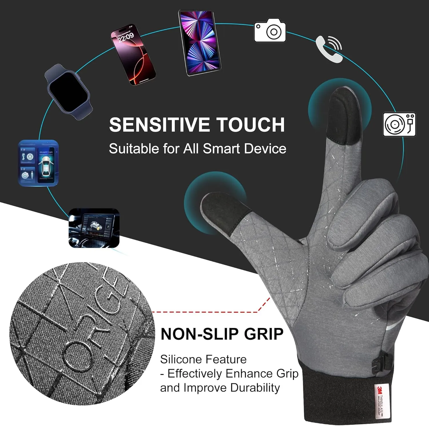 Origem Winter Gloves Men Women, Touch Screen Anti-Slip Warm 3M Thinsulate Running Gloves Lined for Cycling Driving Hiking Walking Gardening