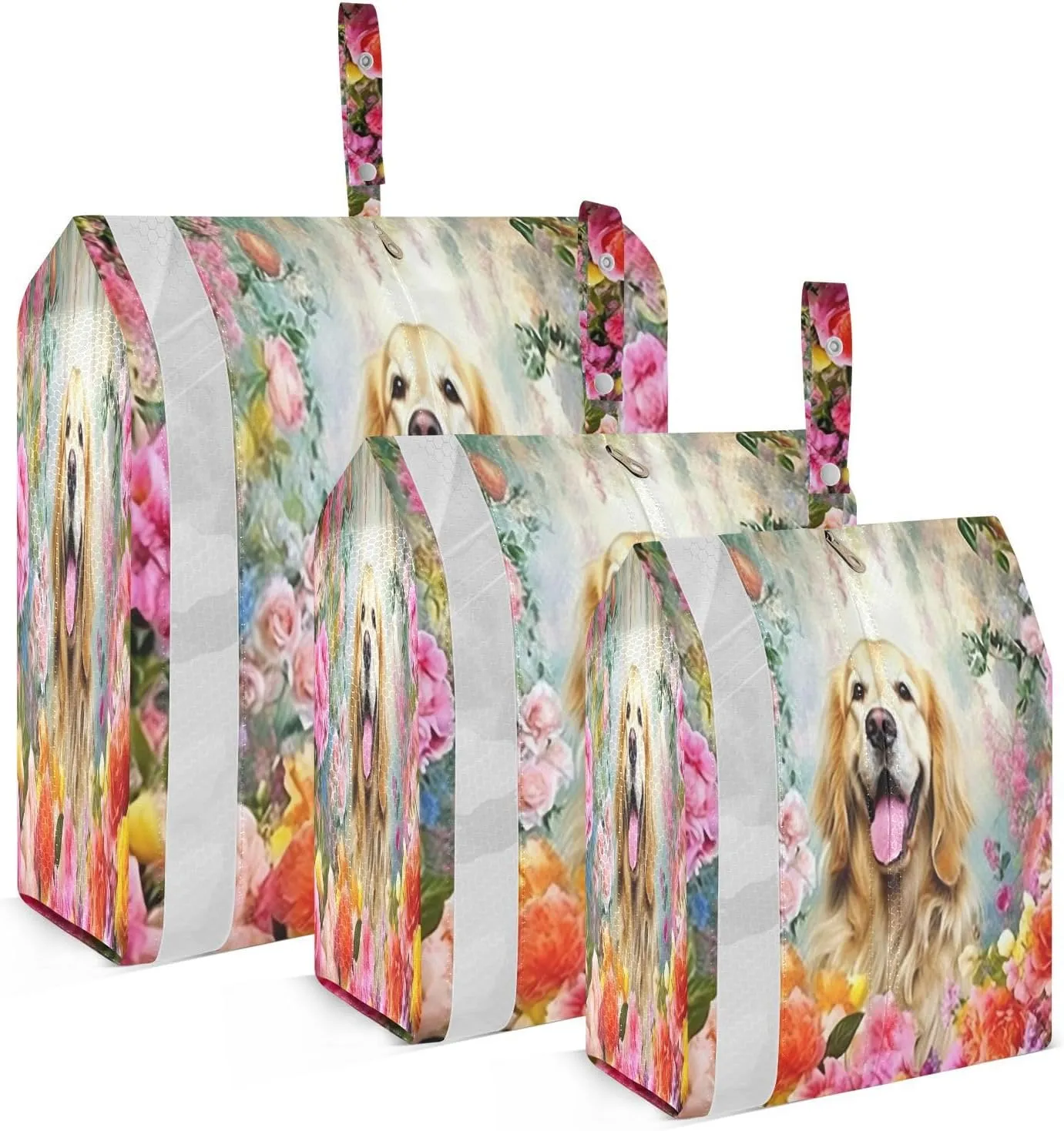 Pink Flowers Retriever Dog Garden Packing Cubes for Travel 3 Set Expandable Compression Luggage Packing Organizers for Carry on Suitcase Travel Essentials Luggage Organizer Bags Set