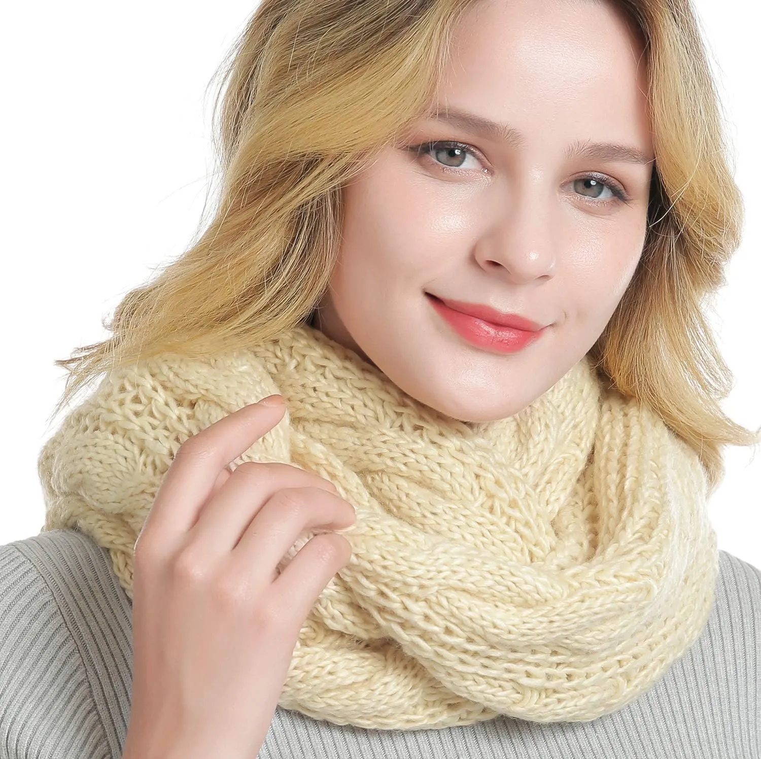 QUEENFUR Winter Women Thick Cable Knit Ribbed Infinity Circle Loop Scarf