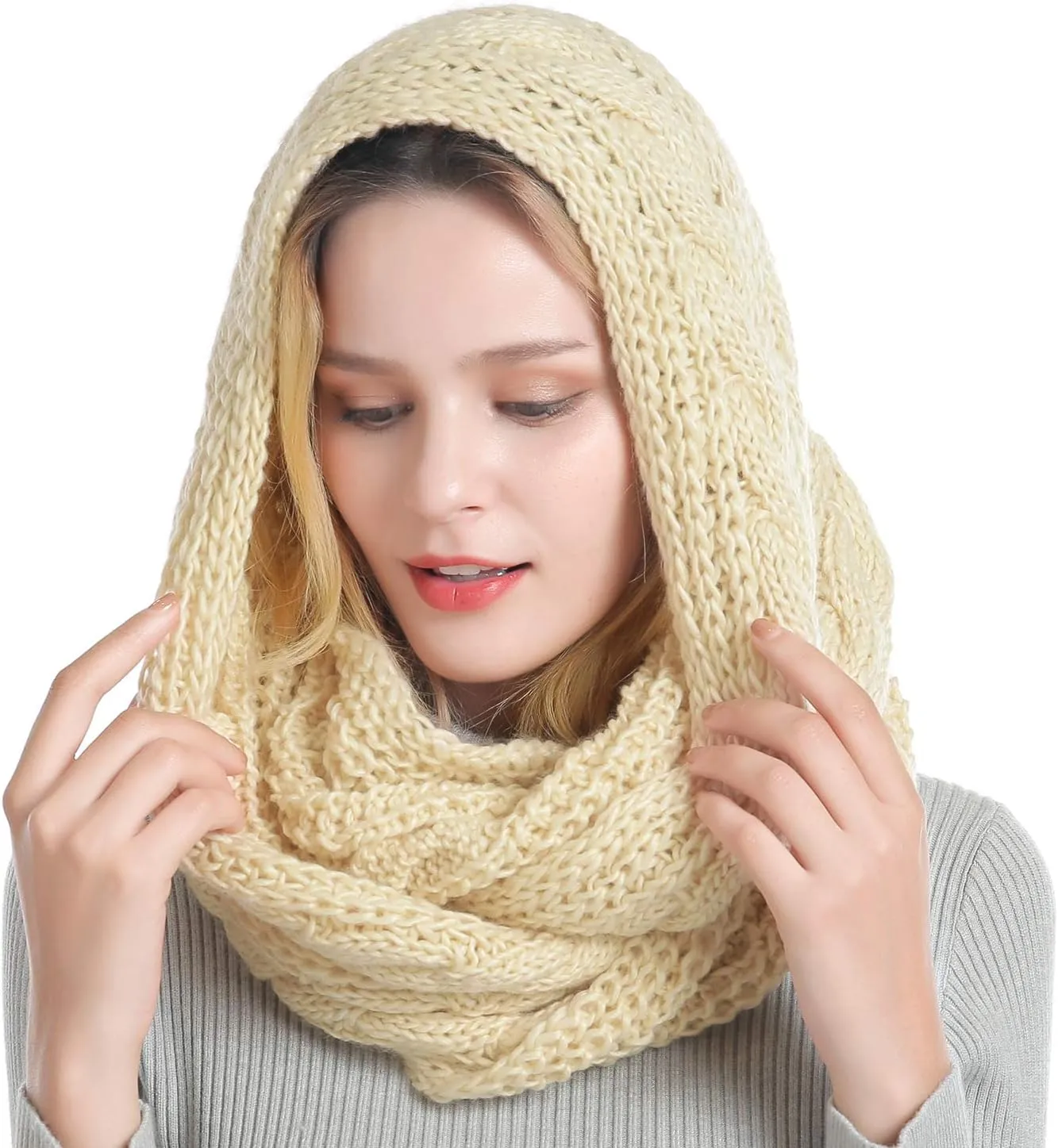 QUEENFUR Winter Women Thick Cable Knit Ribbed Infinity Circle Loop Scarf