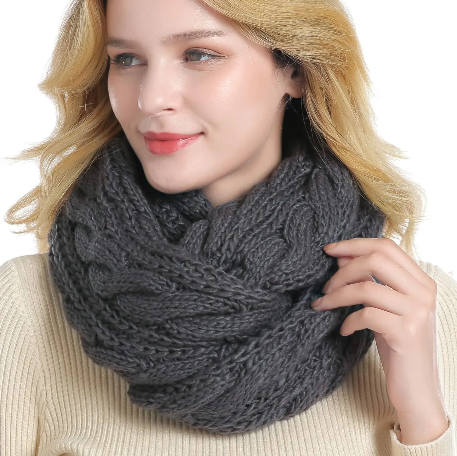 QUEENFUR Winter Women Thick Cable Knit Ribbed Infinity Circle Loop Scarf