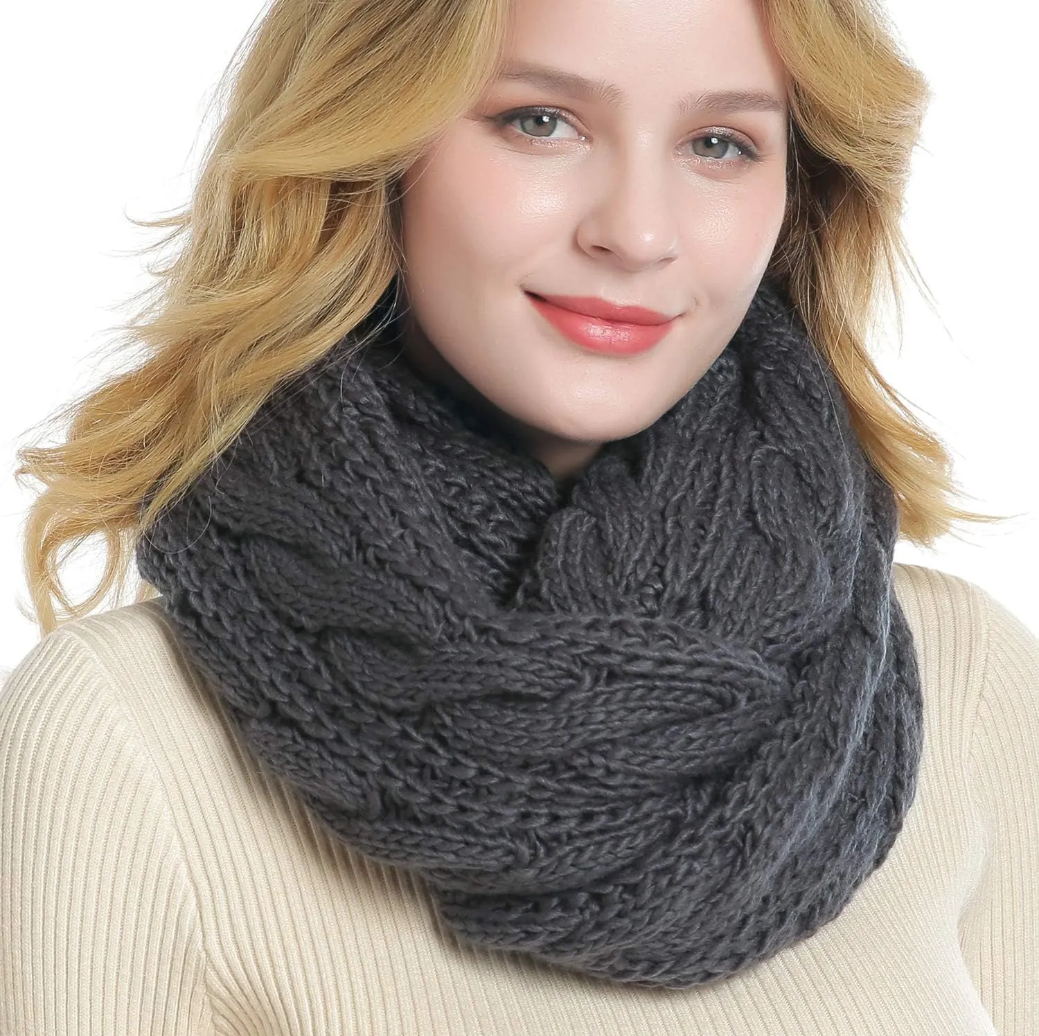 QUEENFUR Winter Women Thick Cable Knit Ribbed Infinity Circle Loop Scarf