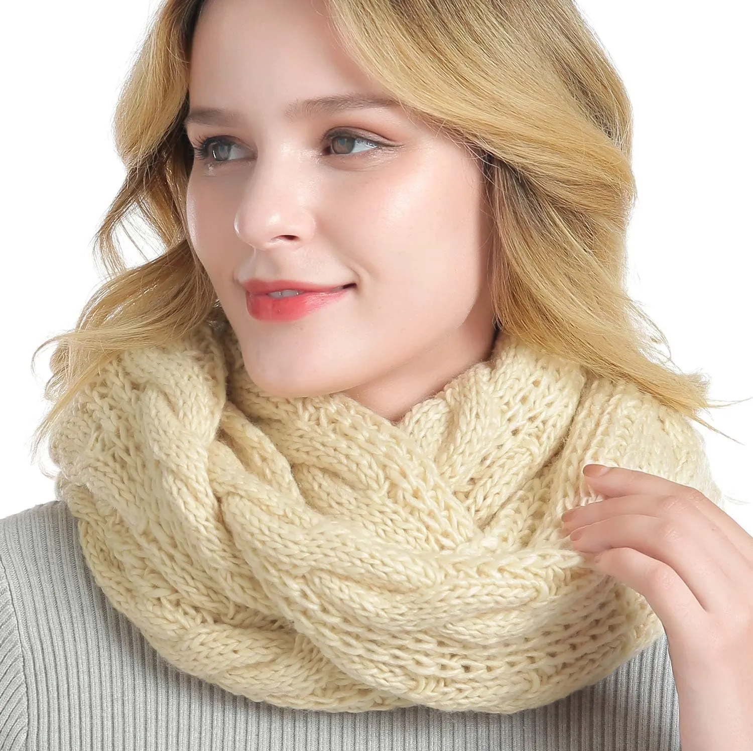 QUEENFUR Winter Women Thick Cable Knit Ribbed Infinity Circle Loop Scarf