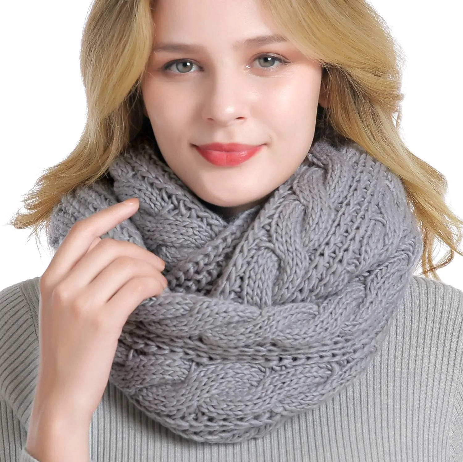 QUEENFUR Winter Women Thick Cable Knit Ribbed Infinity Circle Loop Scarf