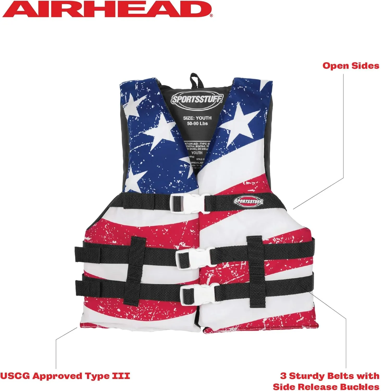 Sportstuff Type III Life Jacket US Coast Guard Approved Open Sides with 3 Body Belts & Buckles Quick Dry Fabric, Secure Fit, Comfortable Stars & Stripes