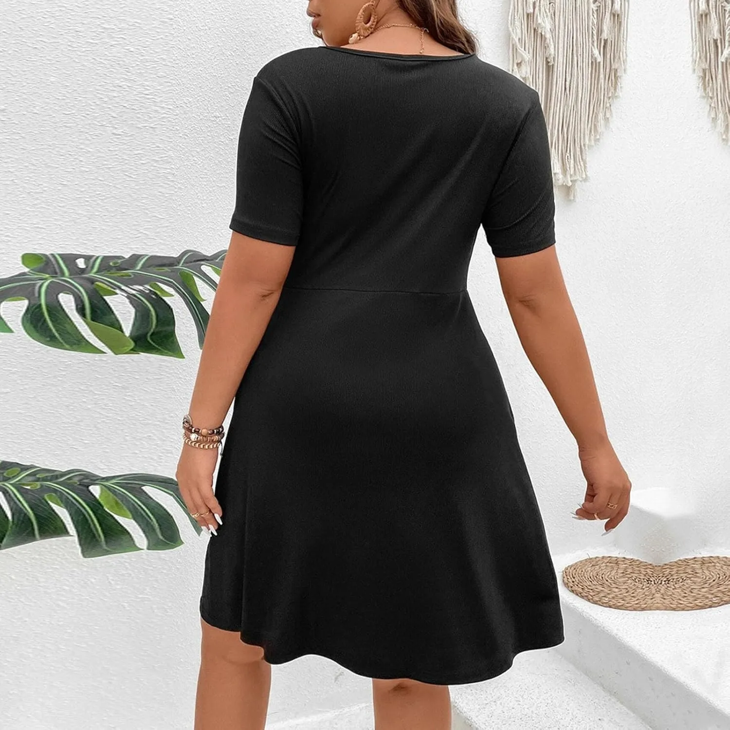 Women Twist Front Ribbed Mini Dress Summer Short Sleeve V Neck A-Line Dresses Fashion Casual Oversized Work Dress