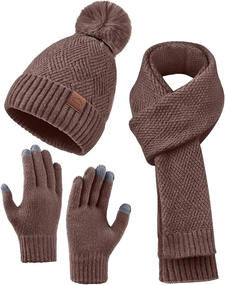 Womens Beanie Hat Scarf Gloves Set,Fleece Lined Winter Hat with Pom Pom,Long Knit Scarf Touchscreen Gloves for Cold Weather
