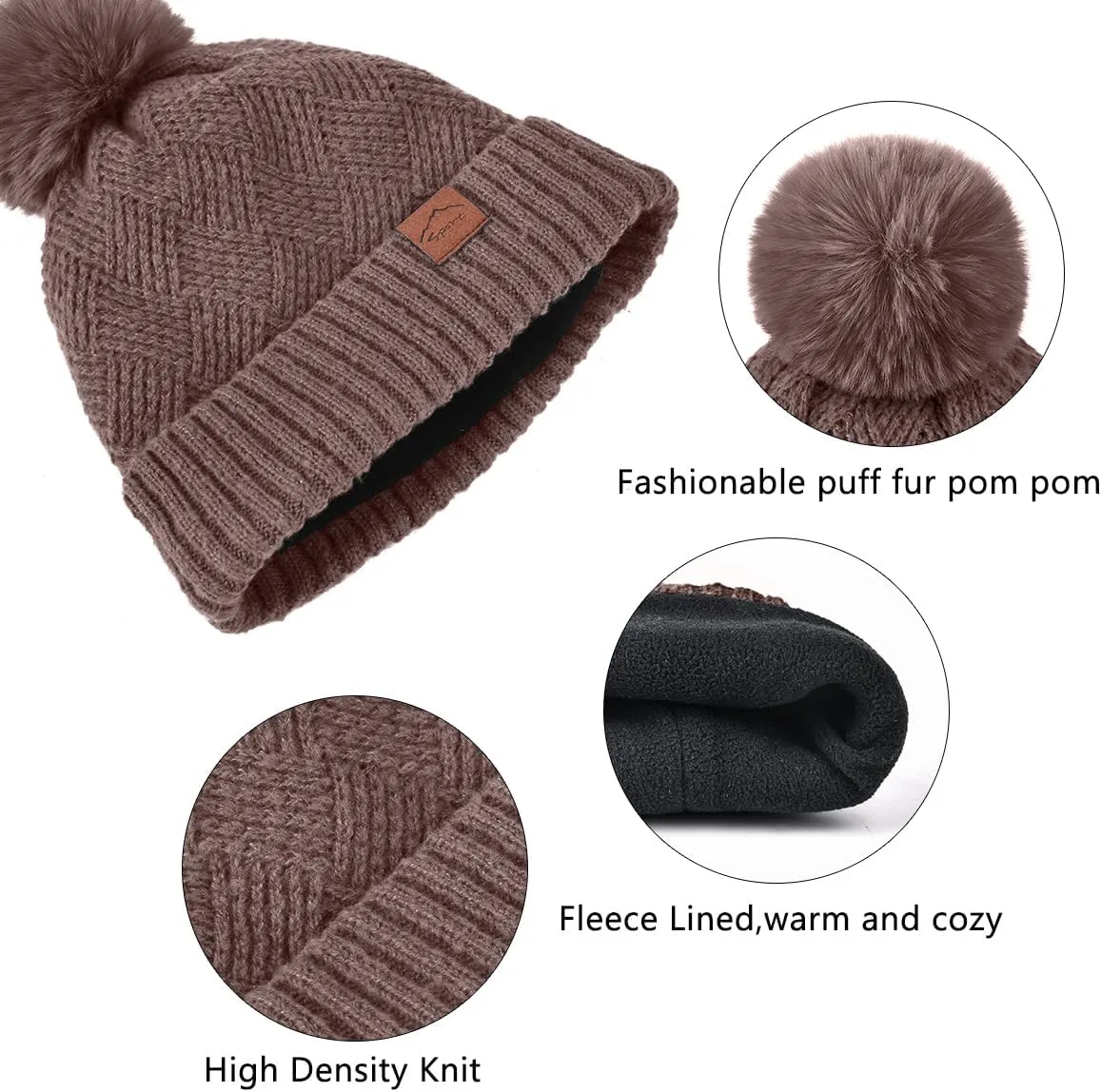 Womens Beanie Hat Scarf Gloves Set,Fleece Lined Winter Hat with Pom Pom,Long Knit Scarf Touchscreen Gloves for Cold Weather
