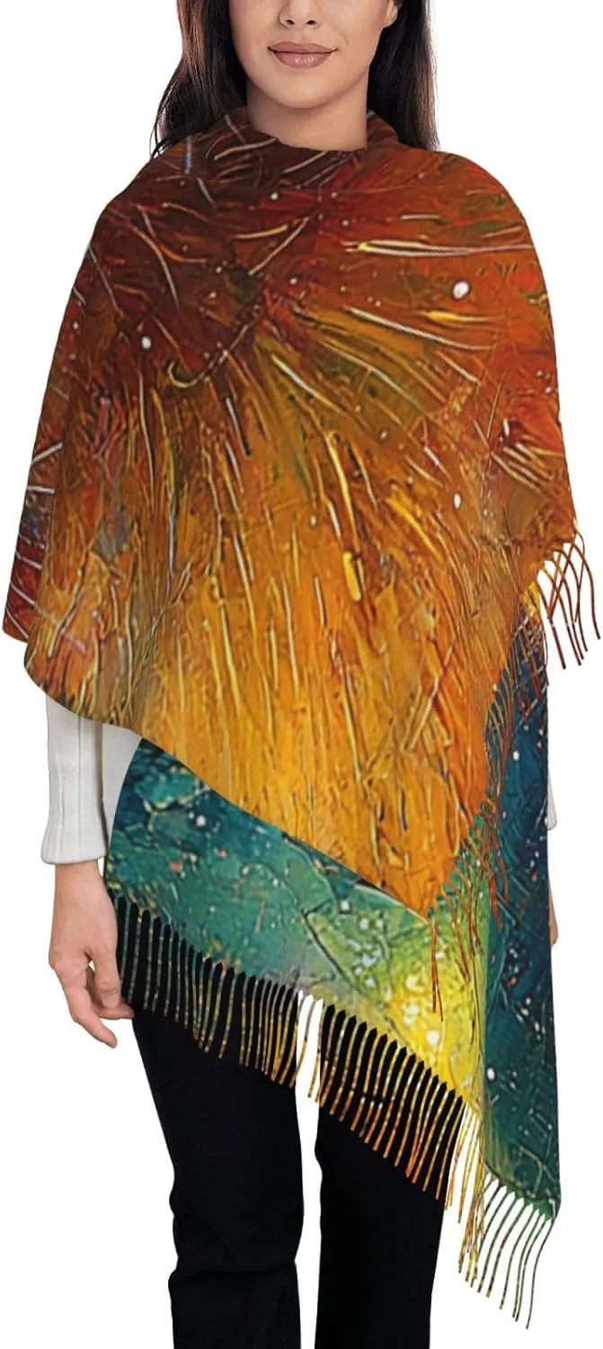 Womens Pashmina Shawl Wrap Wedding Winter Warm Large Soft Cashmere Feel Scarf, Cool Cat Galaxy Vintage Rainbow