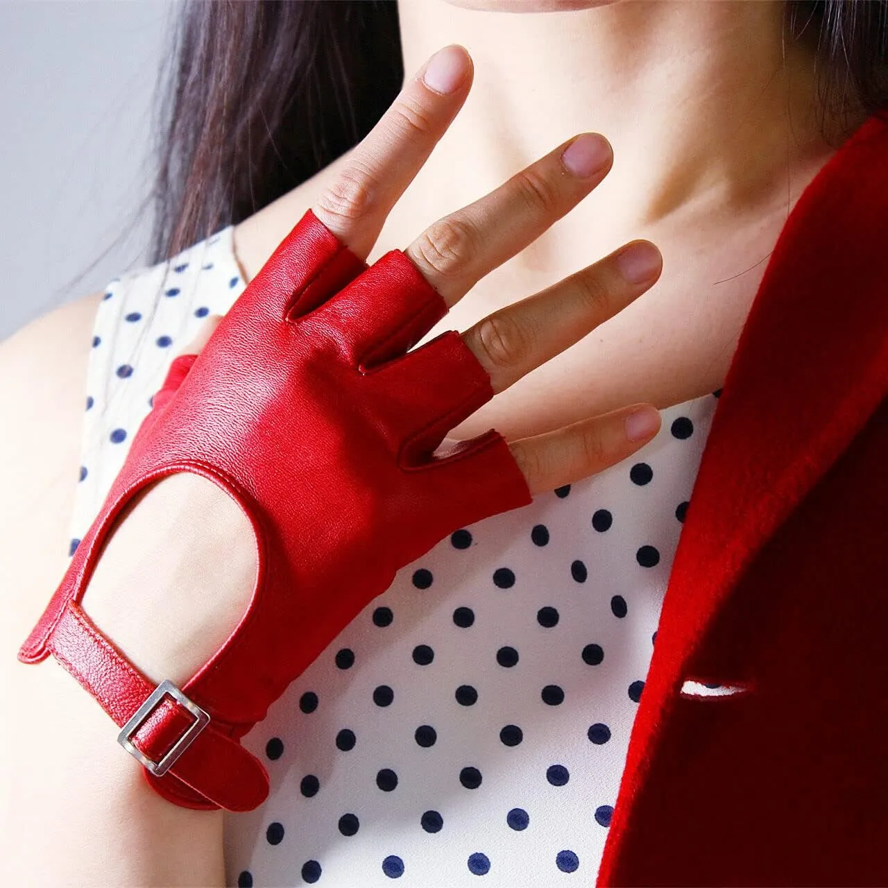 Women's Short Fingerless Leather Gloves Genuine Sheepskin Leather Thin Motorcycle Driving Gloves