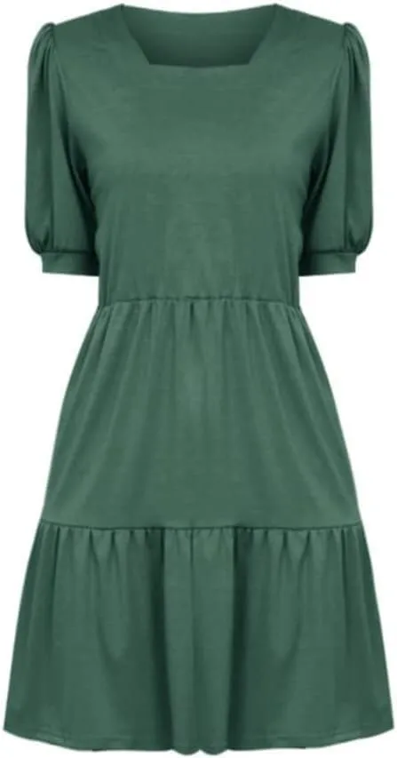 Womens Short Sleeve Mini Dress Square Collar Loose Waist Casual Comfortable Flowy Summer Shift Dress